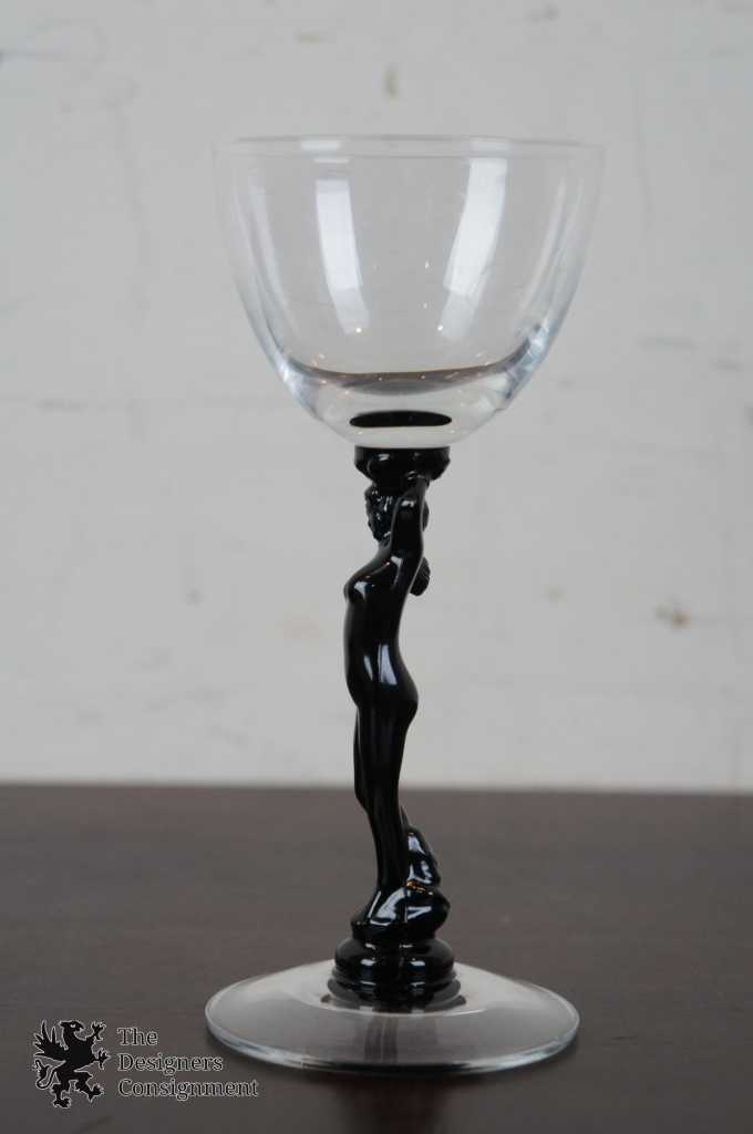 Cambridge Art Deco Nude Figure Cordial Wine Glass Black Goblet Port Barware