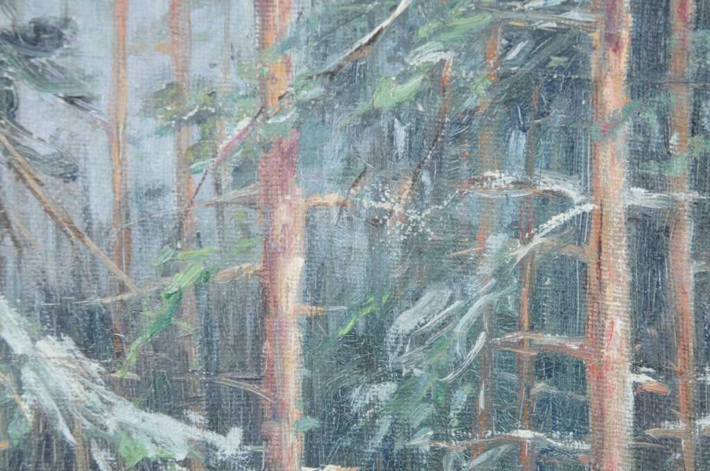 Winter Woodlands Snowy Landscape Trail Through The Woods Signed Oil On