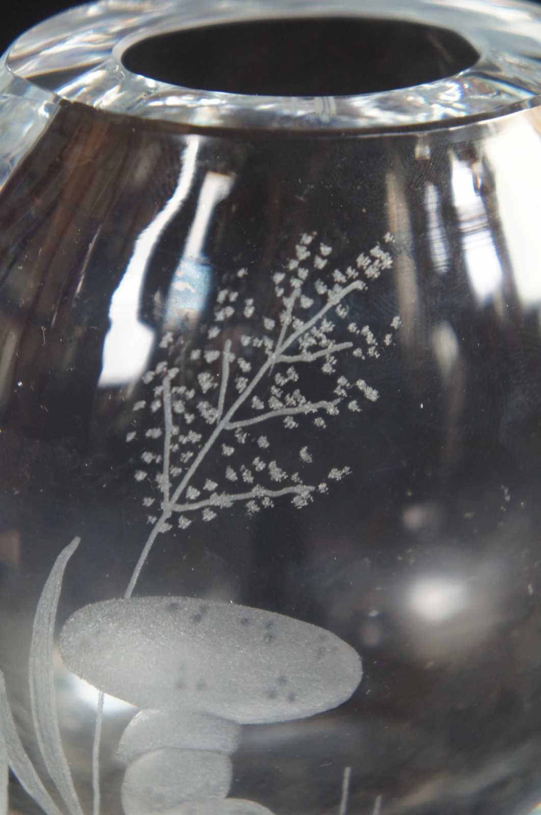 Vintage Ekenas Sweden Etched Glass Bud Vase Mushrooms Wild Flower Tree 4