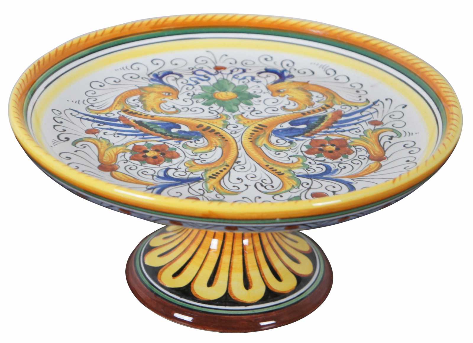 Deruta Italy Raffaellesco Hand Painted Dragon Floral Footed Cake Stand