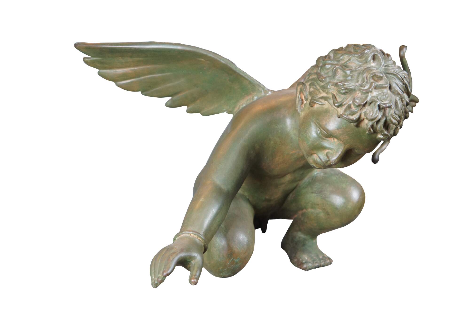 Nishan Toor Large Verdigris Bronze Winged Nude Cherub Putti Sculpture