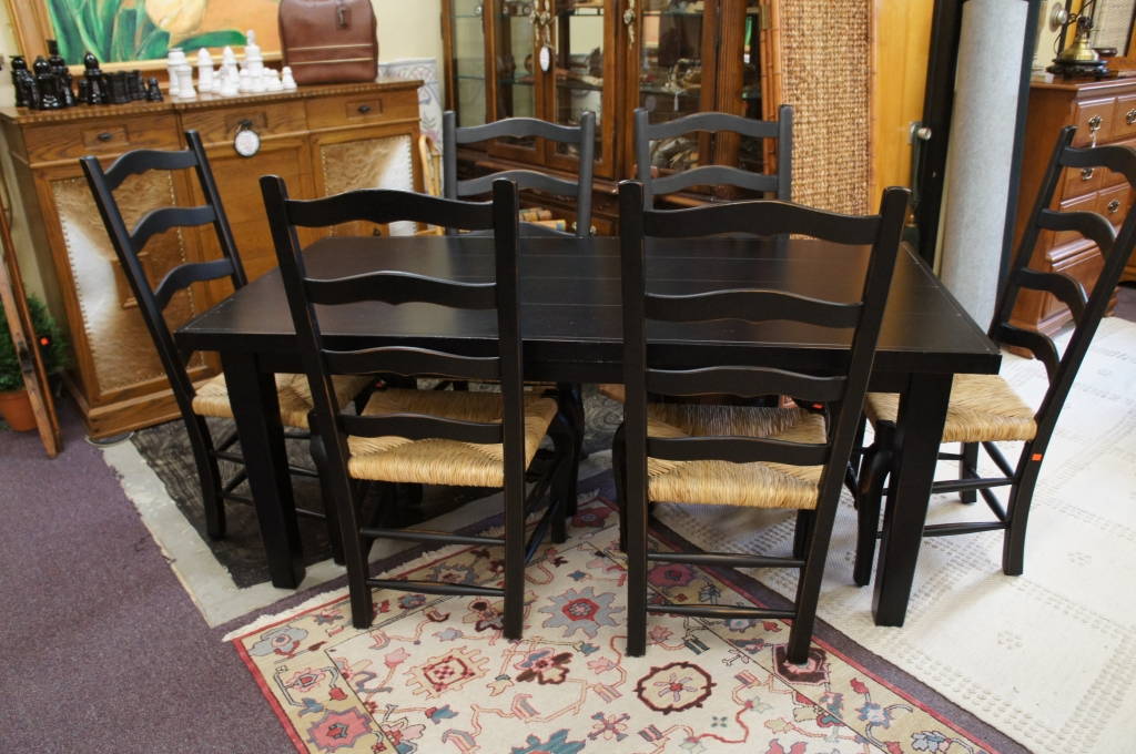 Black Rustic Dining Table 6 Rushed Ladder Back Chairs Seats Wood