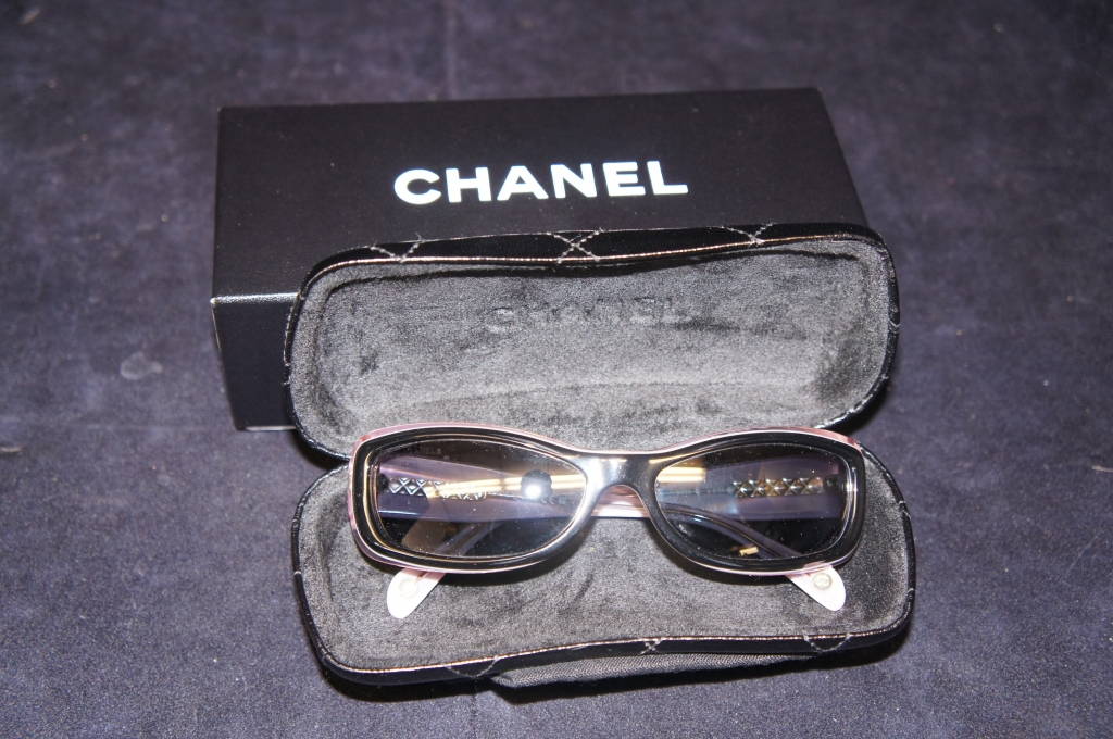Authentic Chanel 5095-B Black & Lavender Sunglasses W/Crystal Logo On Frames