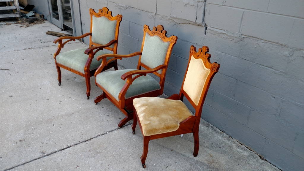 3 Antique Carved Victorian Eastlake Walnut Parlor Chairs Parlor Set ...