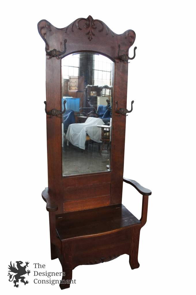 Antique Quartersawn Oak Arts Crafts Carved Hall Tree Seated Bench