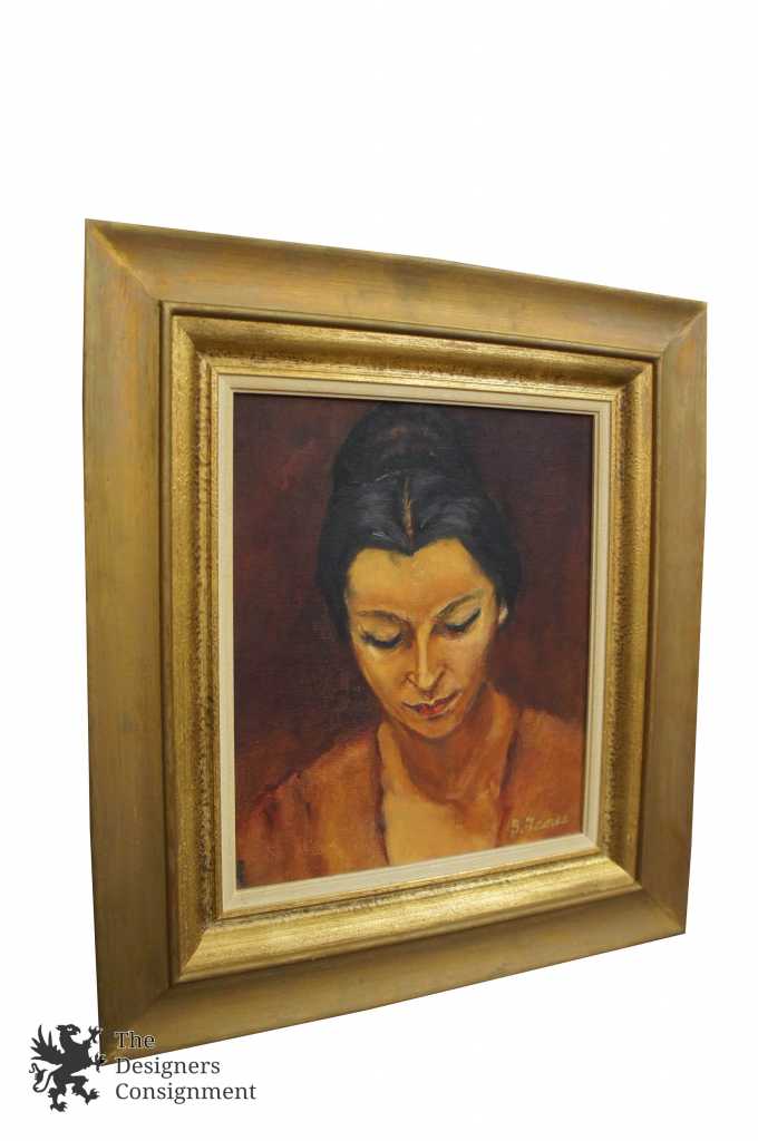 Vintage Oil on Canvas Painting Portrait of a Woman with Black Hair Signed