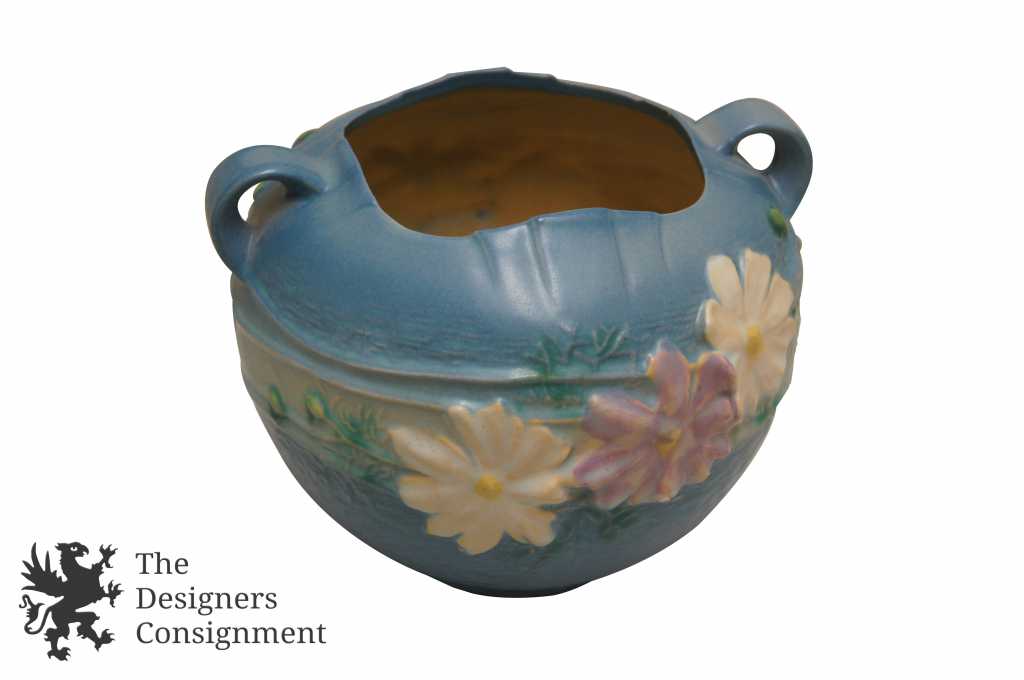 Roseville Art Pottery Blue Cosmos Handled Rose Bowl Jardiniere 376-6 1939  Vtg