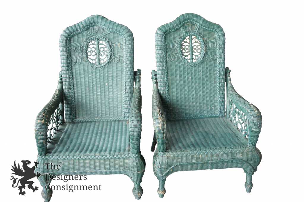 2 Vintage Ralph Lauren Wicker Arm Chairs Pair Green Rattan Patio Garden  Outdoor