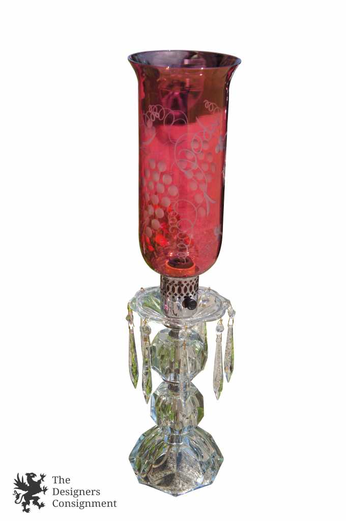 2 Vintage Drop Crystal Table Lamp Pair Grapes Etched Cranberry Glass ...