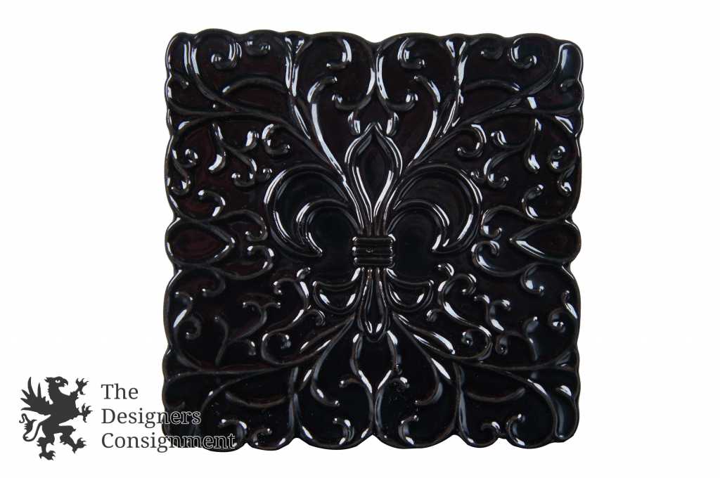 2 Vintage Frankoma Pottery Trivets 3TR Black Fleur de Lis Hot Pad Pair ...