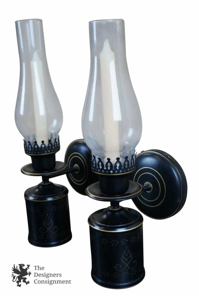 2 Vintage Hurricane Candle Holder Wall Sconces Black Tole Hand Painted Oil Lamps