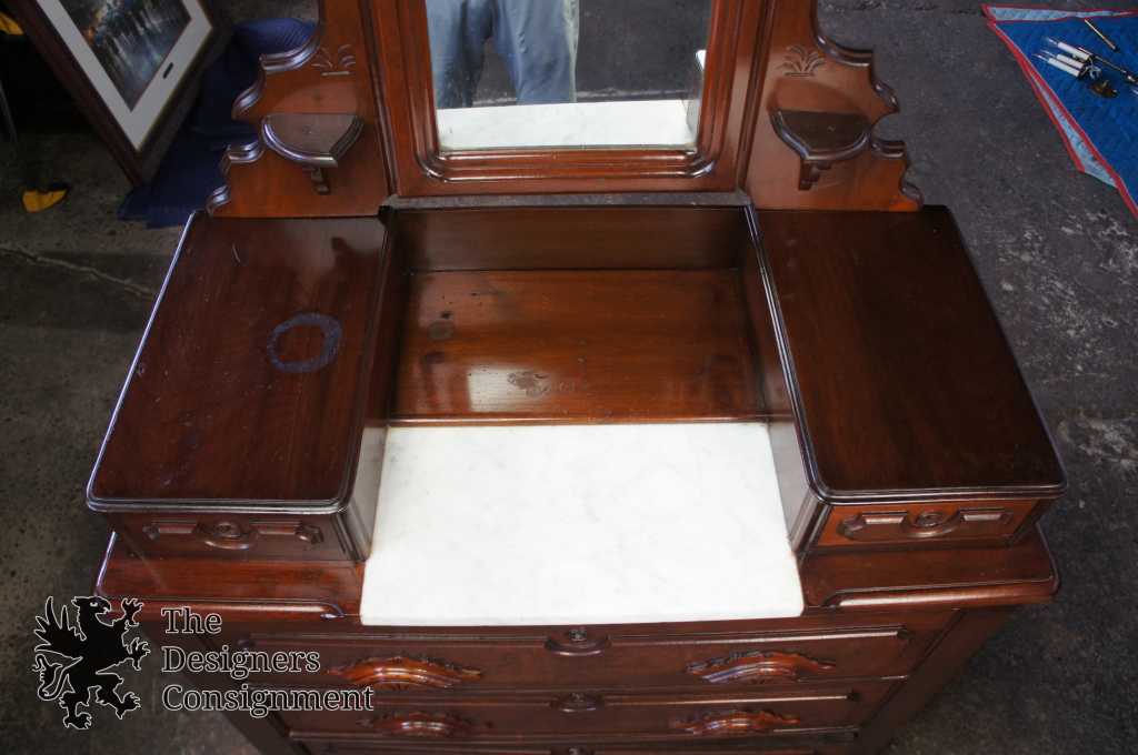 Antique Victorian Carved Walnut Dresser And Mirror Glove Boxes Marble