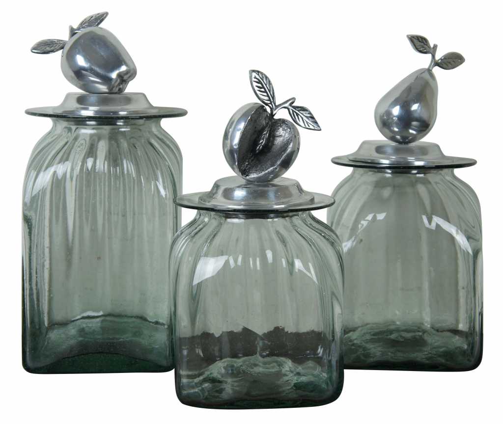 3 Vintage Hand Blown Glass Kitchen Canisters Jars Pewter Tops Fruit Apples  Pear