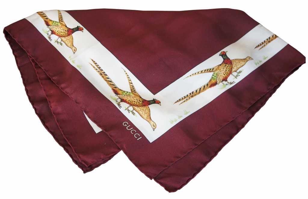 Old Gucci Silk Scarf in Original Box Pheasants Birds Hunting Maroon 26