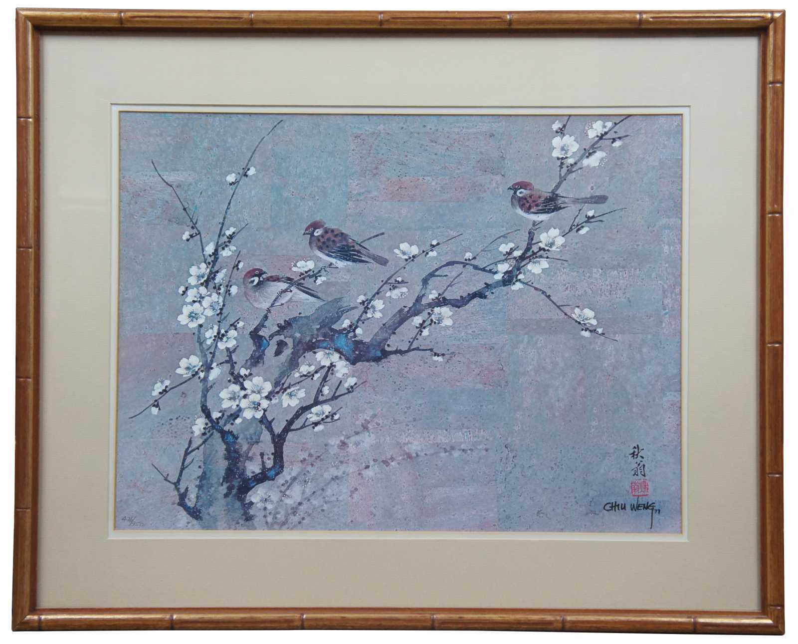 1977 Chiu Weng Cherry Blossoms Floral & Bird Framed Lithograph Print 32