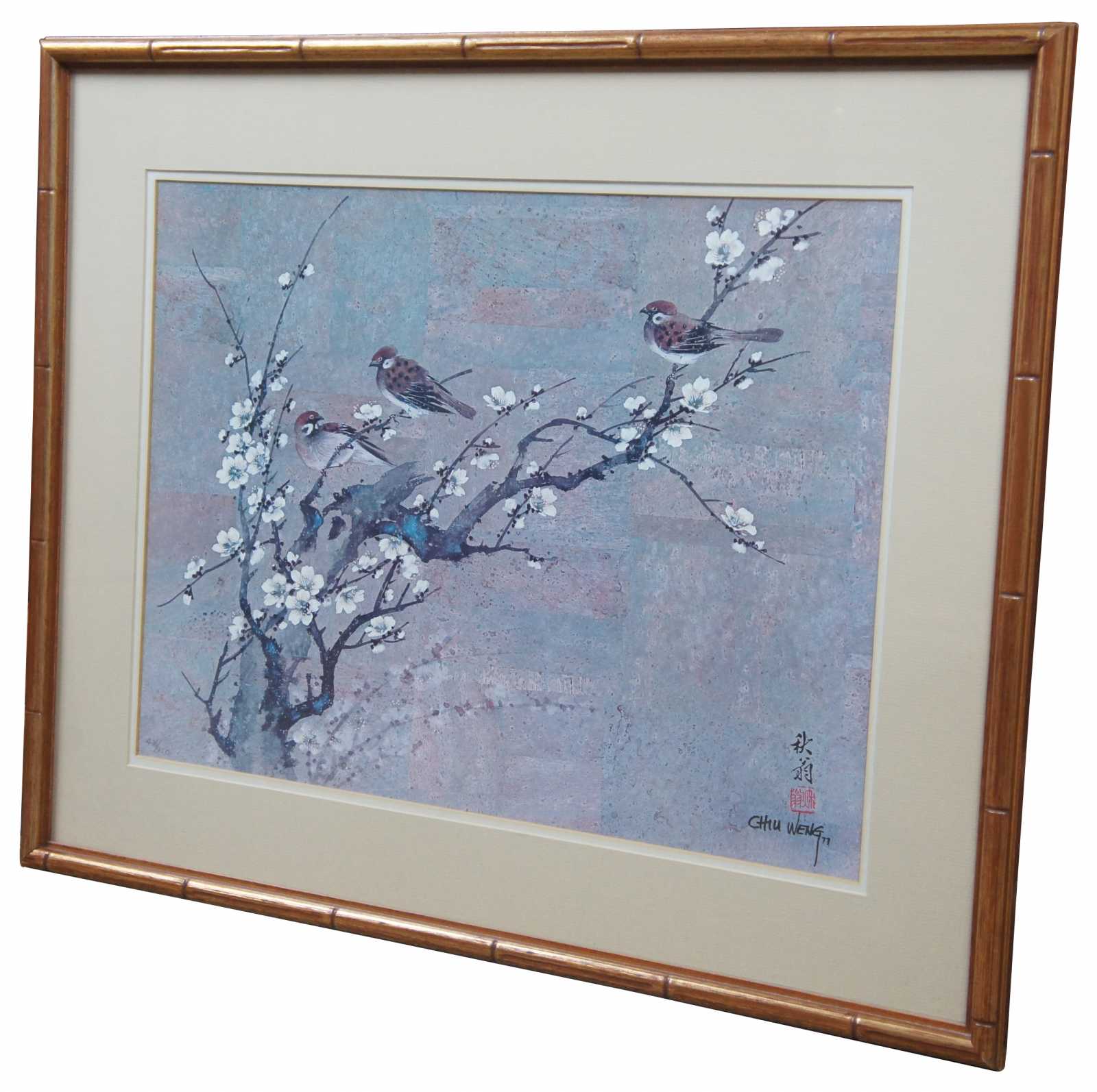 1977 Chiu Weng Cherry Blossoms Floral & Bird Framed Lithograph Print 32