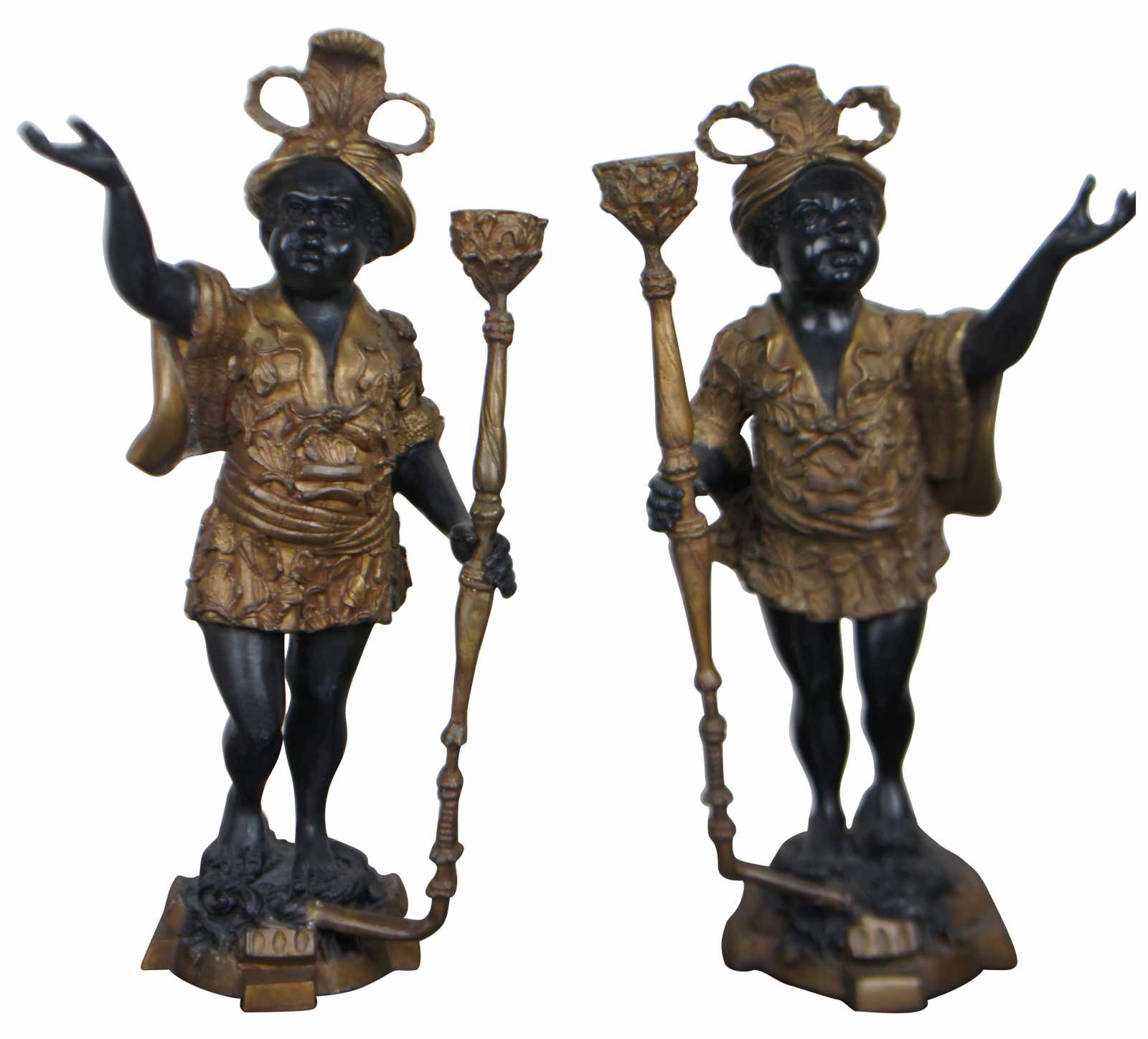 2 Ornate Baroque Nubian Torchiere Figurines Bronze Statues Candlesticks 18