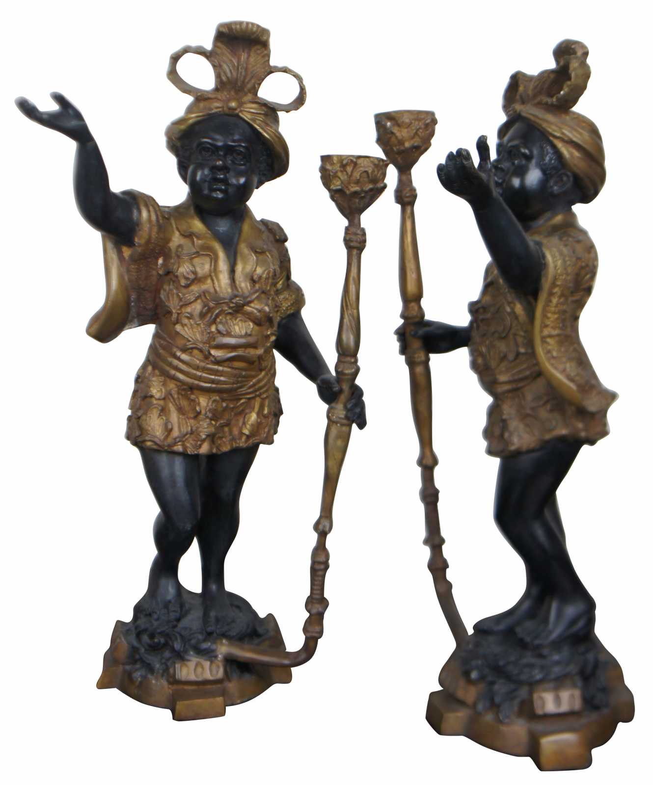 2 Ornate Baroque Nubian Torchiere Figurines Bronze Statues Candlesticks 18