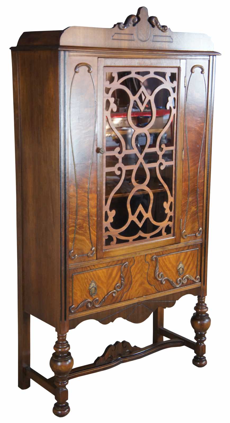 Antique Burled Walnut Jacobean Style China Hutch Curio Display Cabinet ...