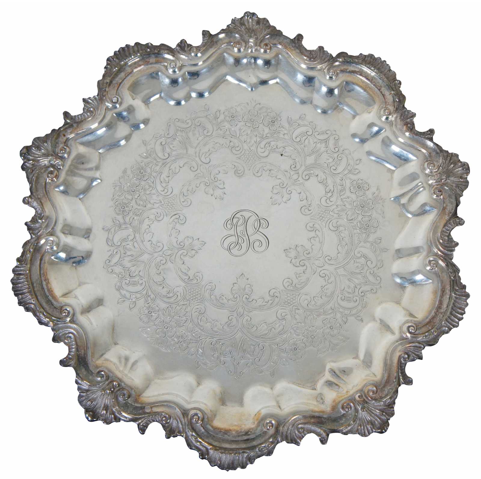 Vintage Crown Silver Co Round Footed Scalloped Silverplate Tray Platter 13"
