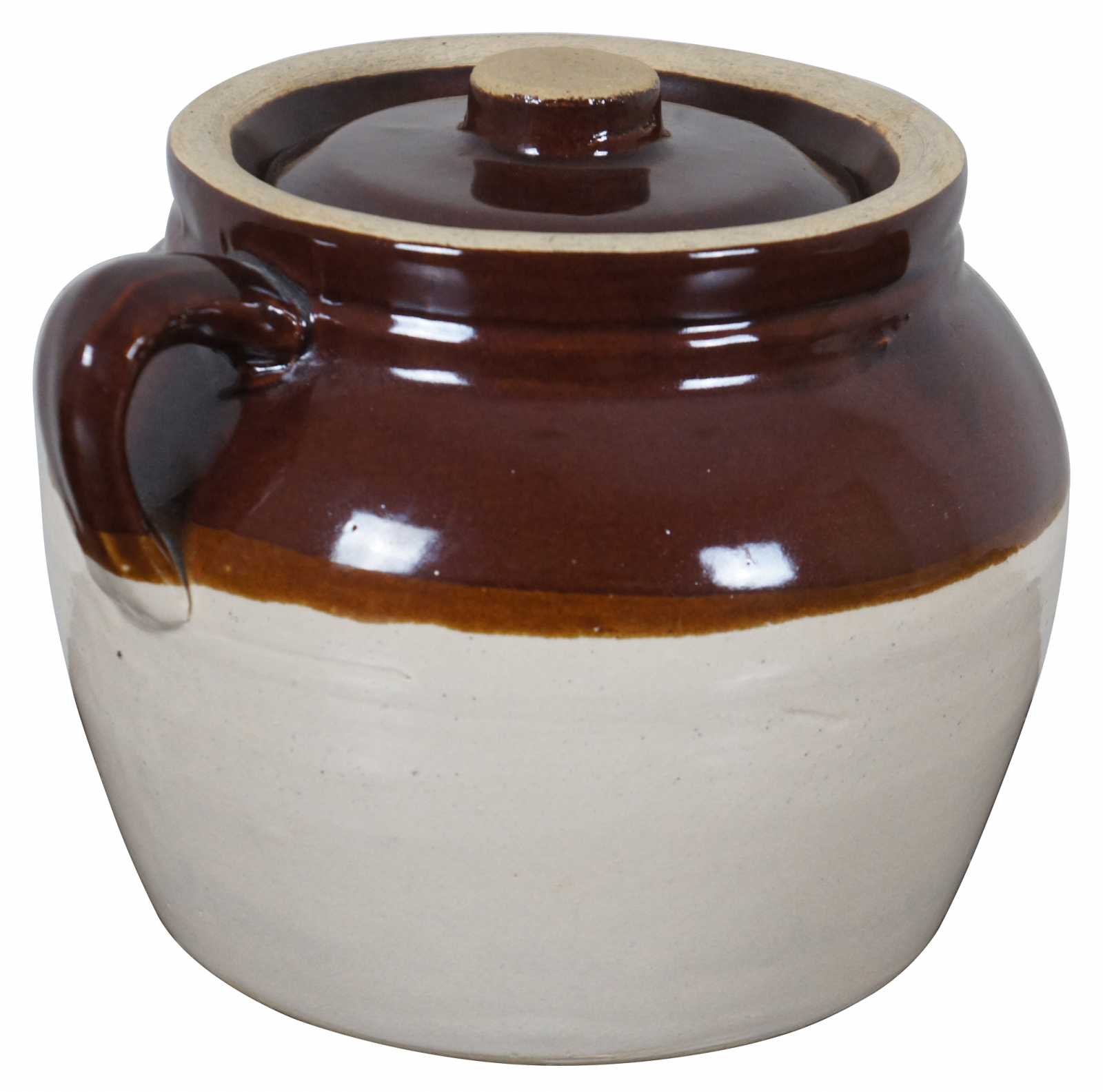 Two-tone Glazed 3 Quart Bean Crock / Single Handle Blue Crown