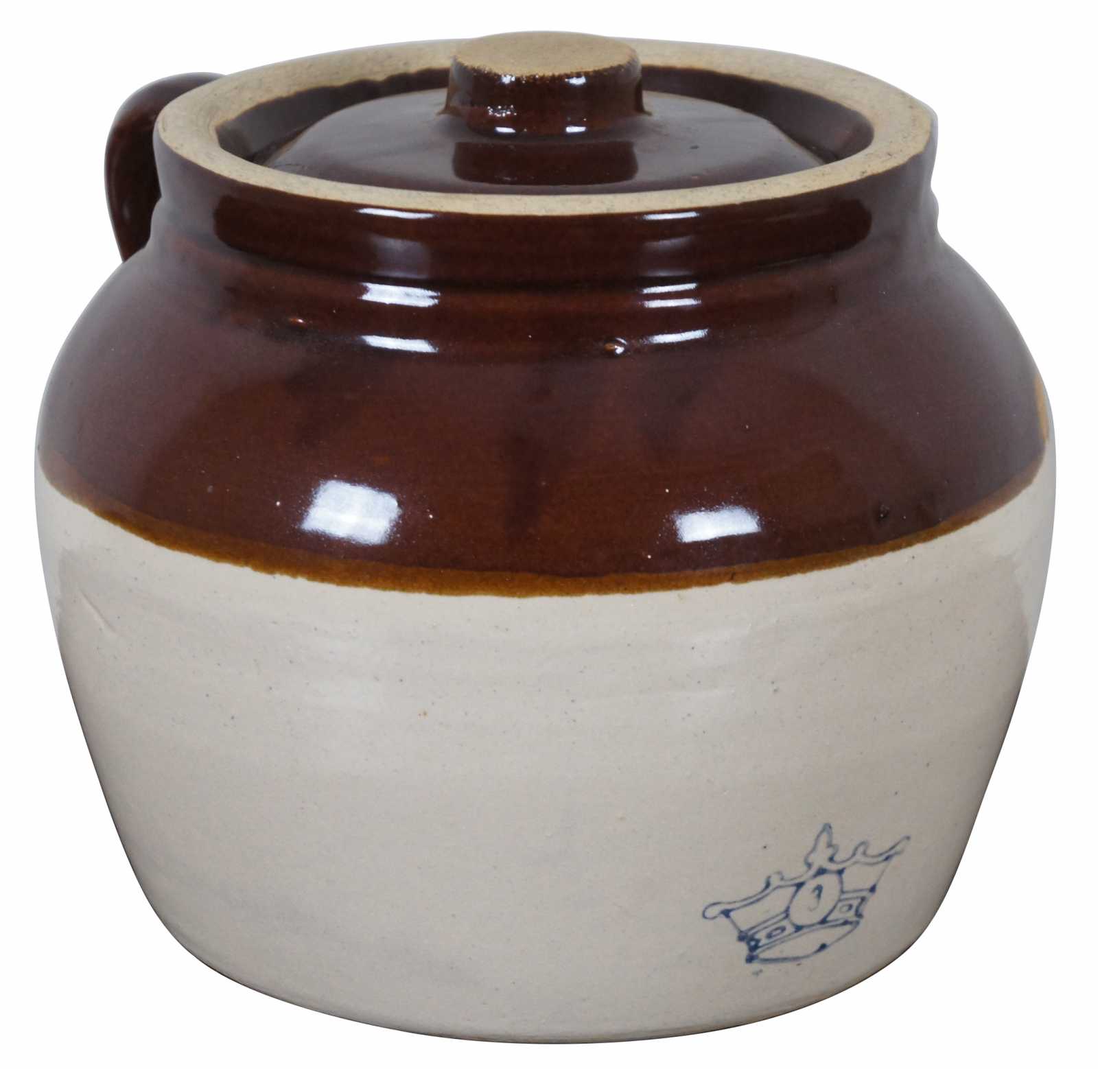 Two-tone Glazed 3 Quart Bean Crock / Single Handle Blue Crown Pottery 3 Qt.  Crock / Primitive Ransbottom Crock / French Canadian Bean Pot 