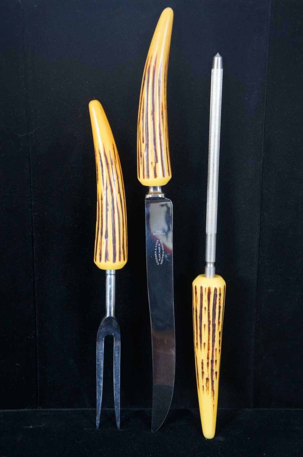 Sheffield Yellow Bakelite Carving Set, Knife, Fork and Steel, s/3