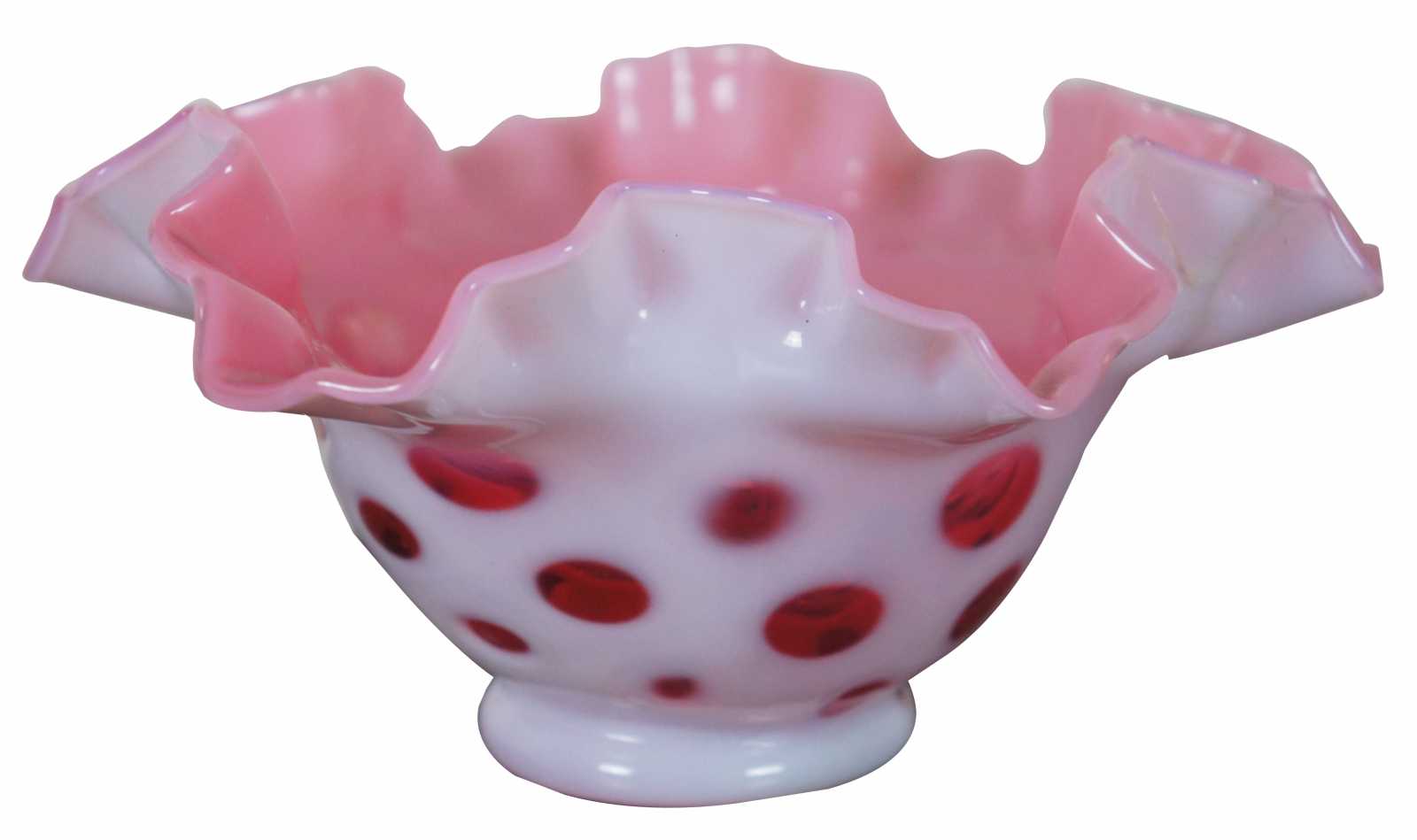 Housewarming Gift Vintage Art Glass Mid Century Decor Art Deco Bowl Crimped Opalescent Cranberry Glass Fenton Cranberry Coin Dot Bowl