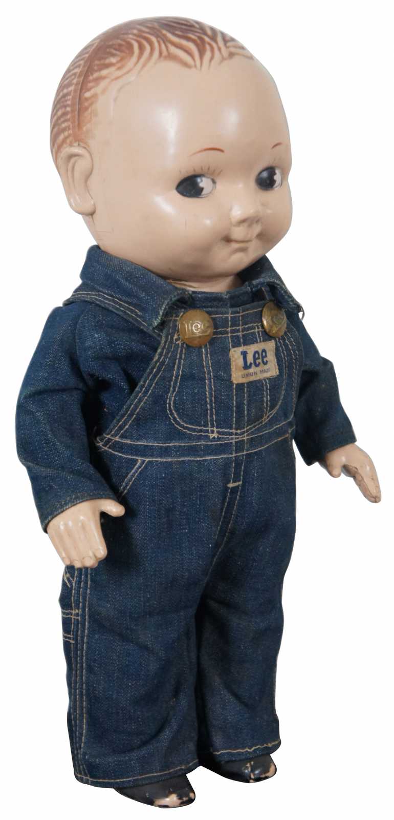 Antique Celluloid Buddy Lee Advertising Doll Union Made Denim Jeans Overalls  12