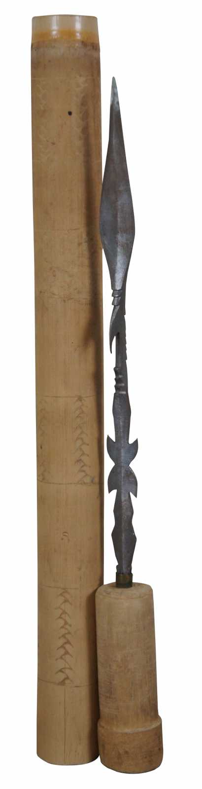Hand Forged Vintage Fishing Spear Harpoon & Bamboo Tube Folk Art Tribal 17