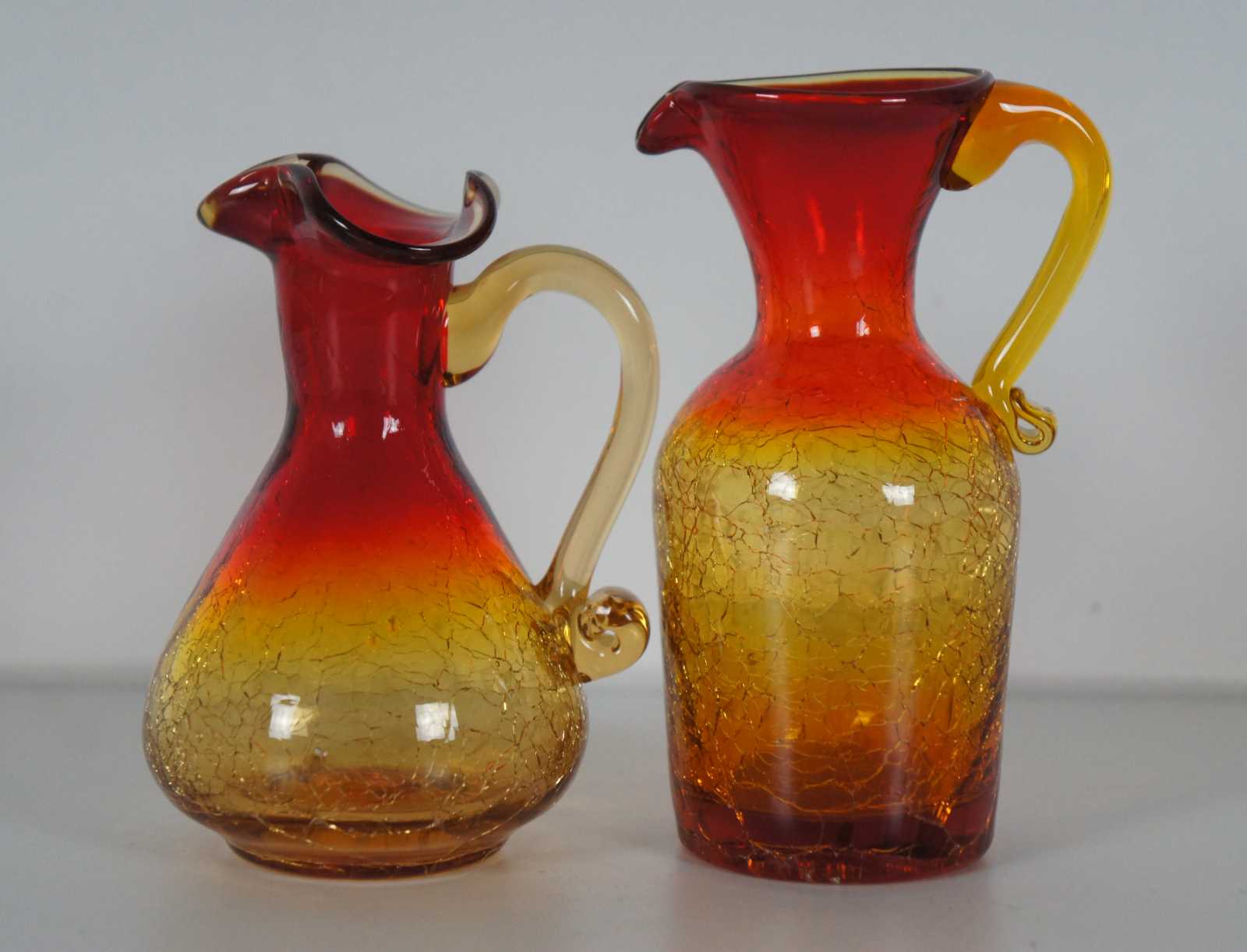 Blenko Amberina Crackle Art Glass Pitcher Oil And Vinegar Mid Century Modern Vtg 0409