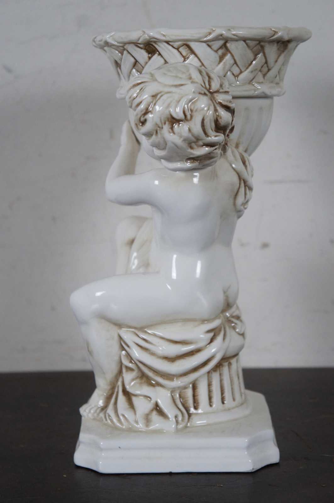 VTG 63 Inarco White Porcelain Cherub good Seated On Base Holding Basket Planter/Vase