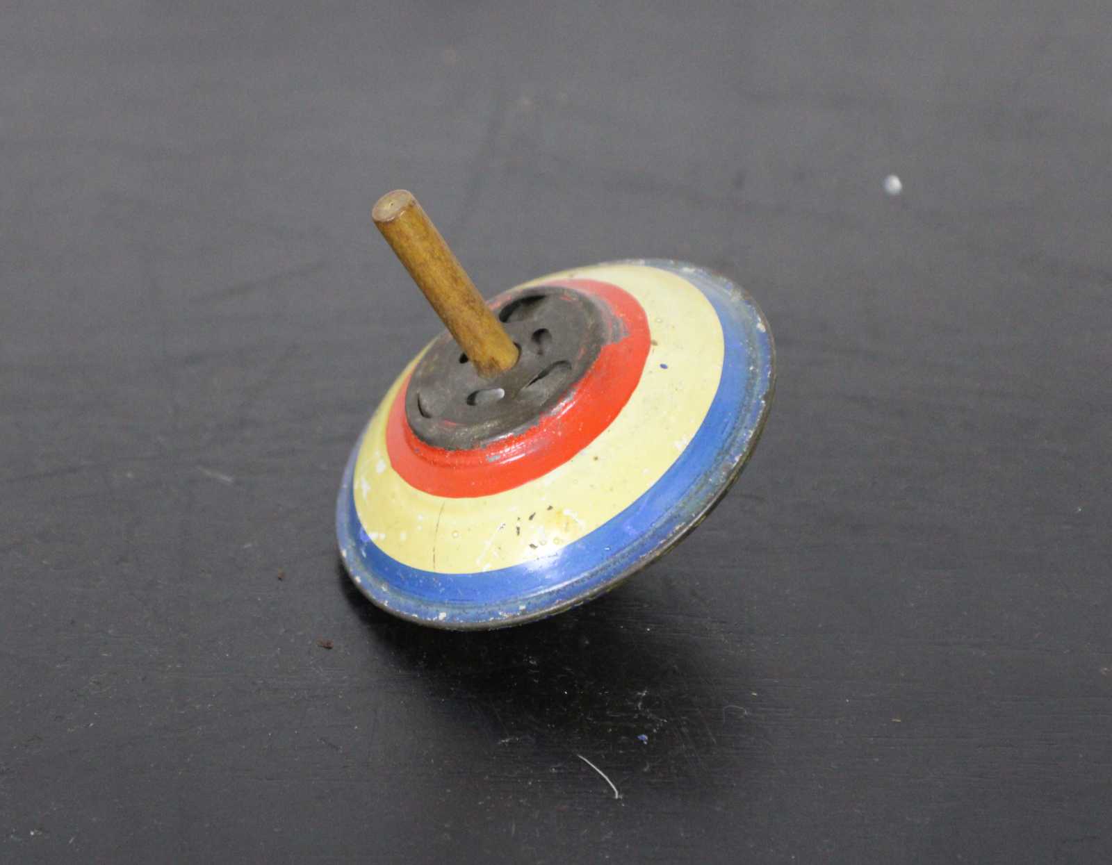 Vintage Painted Tin Spinning Top Toy Red White Blue Wood Handle