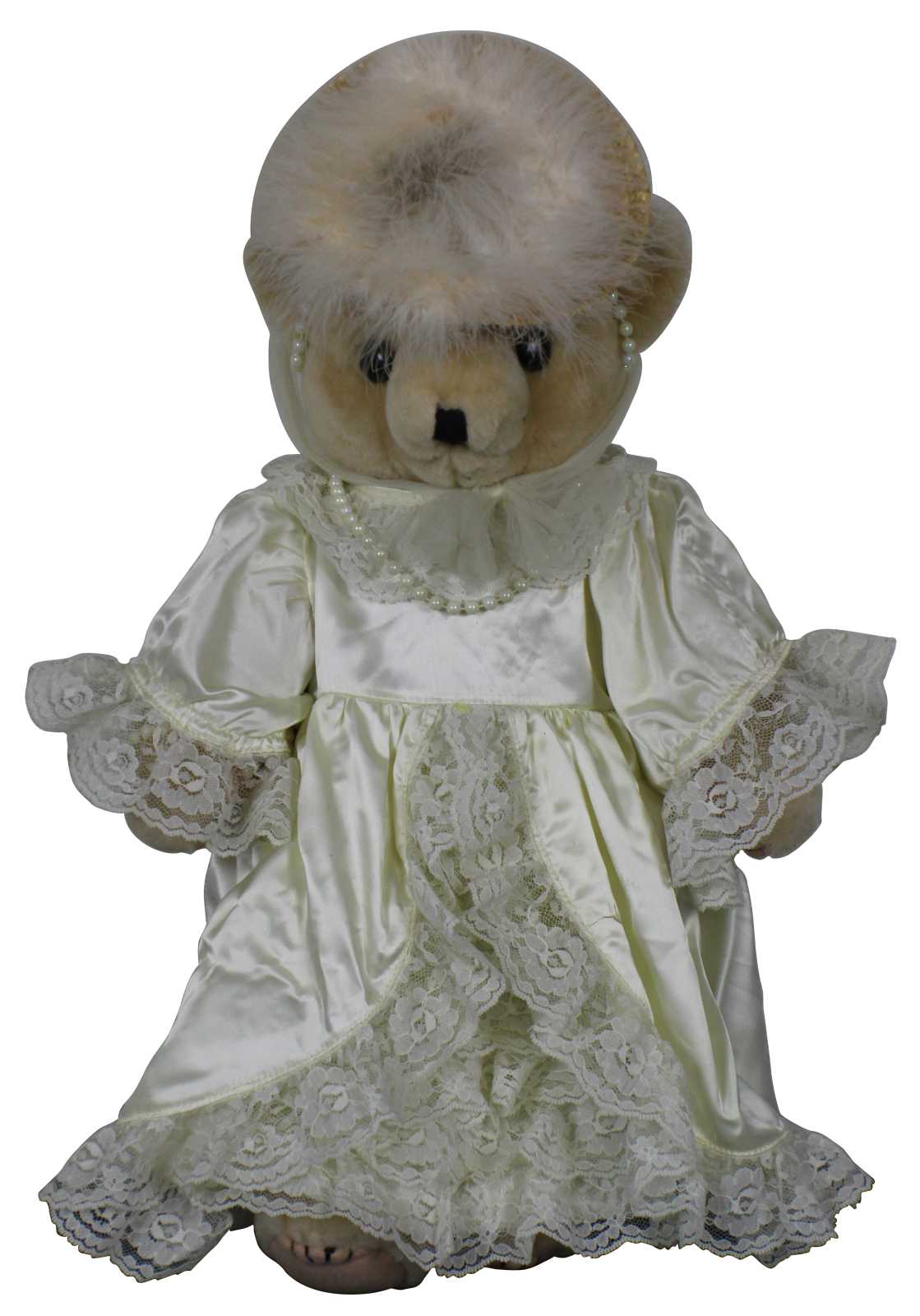 Vintage Kel-Toy Inc Cotton Teddy Bear Jointed Limbs Satin Dress Pearls 20