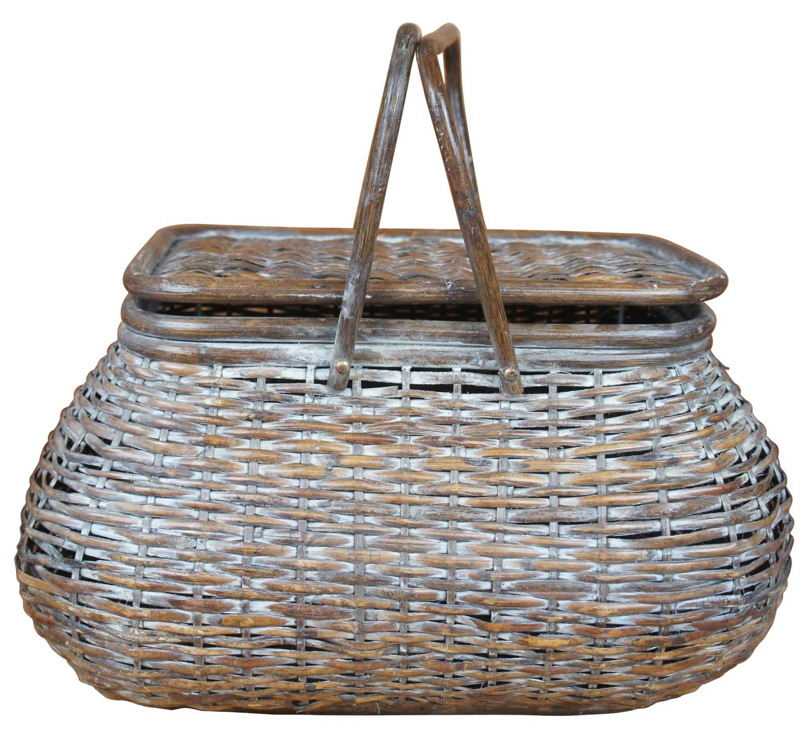 Vintage Woven Wicker Picnic Harvest Storage Basket w Metal Frame 20