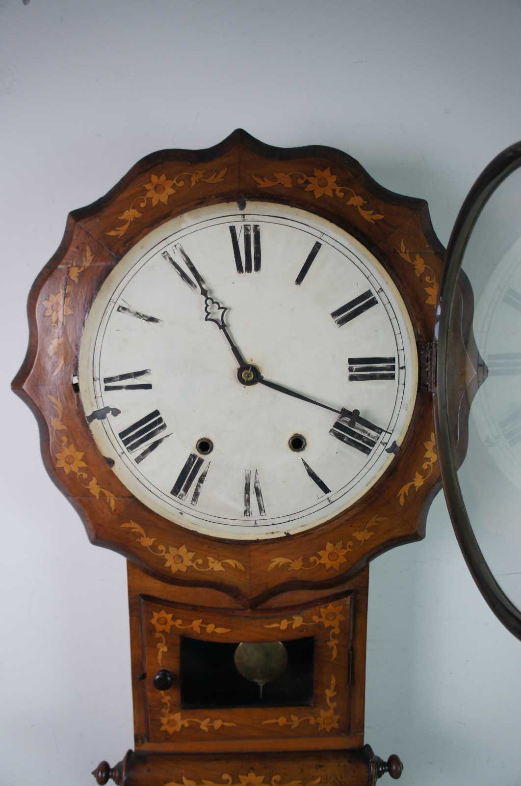 Antique Anglo American Drop Dial Marquetry Inlaid Walnut Scrolled Wall 