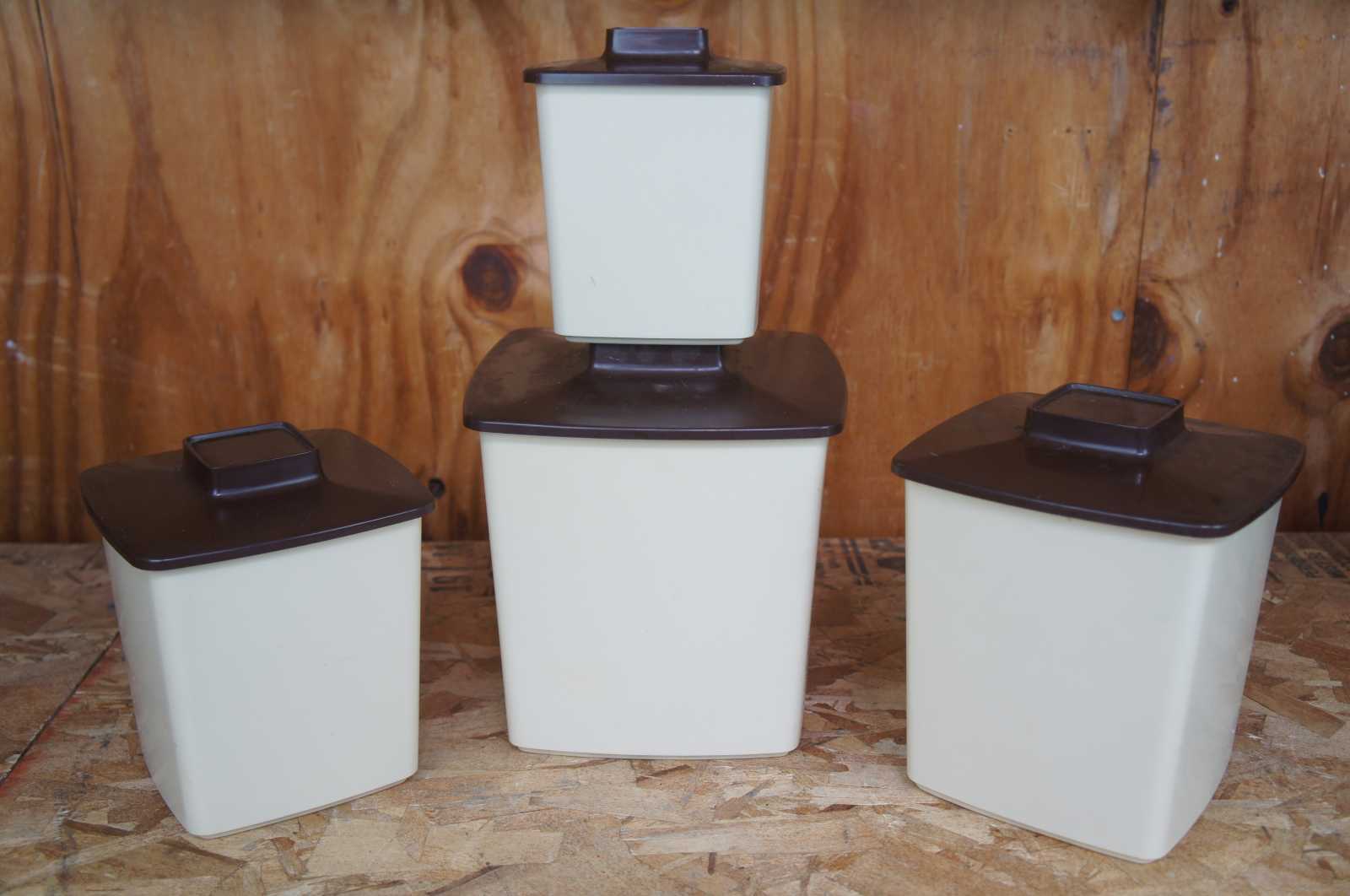 Vintage Plastic 4 Canister Set Flour Sugar Coffee Tea Brown Beige Nesting  MCM