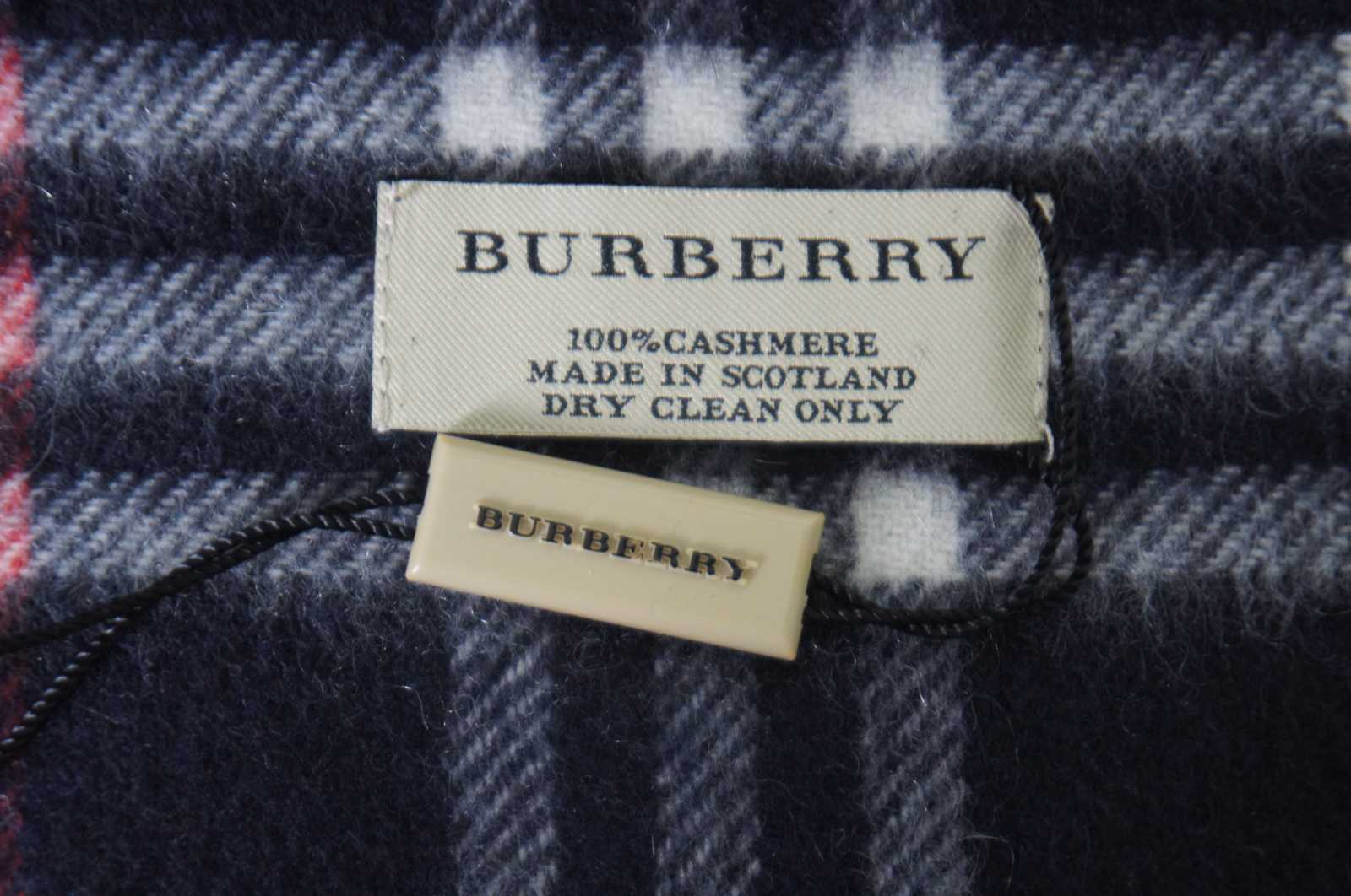 Vintage Burberry 100% Cashmere Navy Check Plaid Winter Scarf Scotland 54