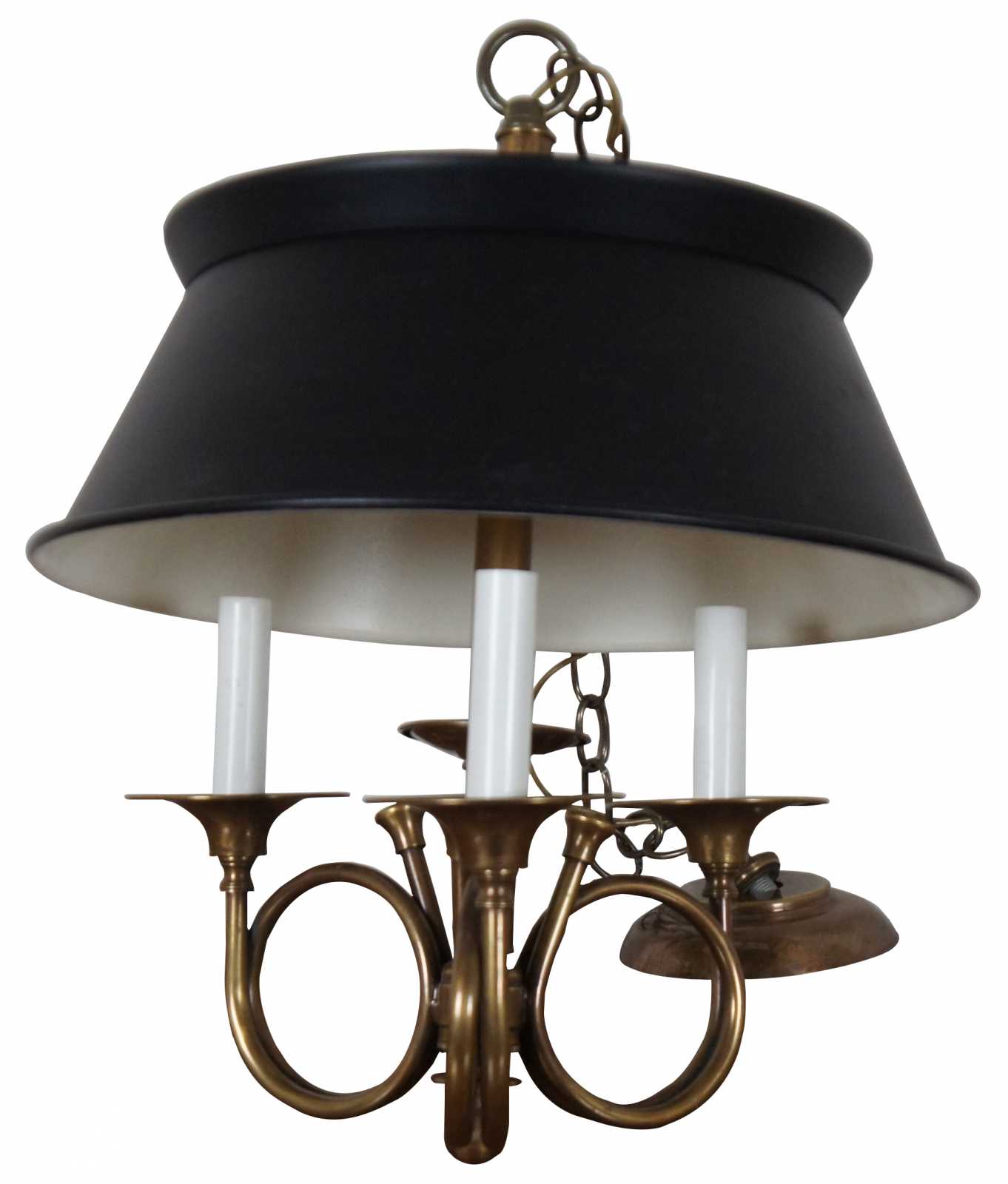 Mid-20th Century Brass Horn Bouillotte Lamp With Black Tole Shade 