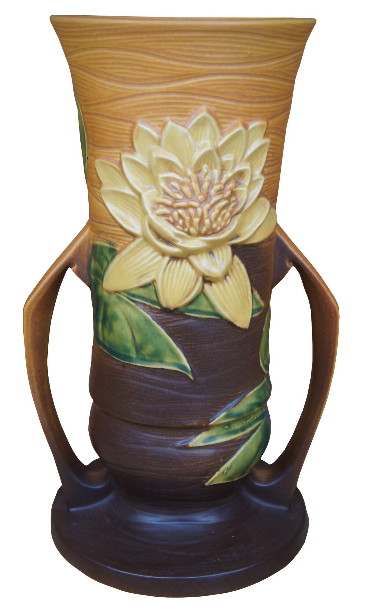 Vintage Roseville Water Lily Art Pottery Brown Ceramic Handled Vase