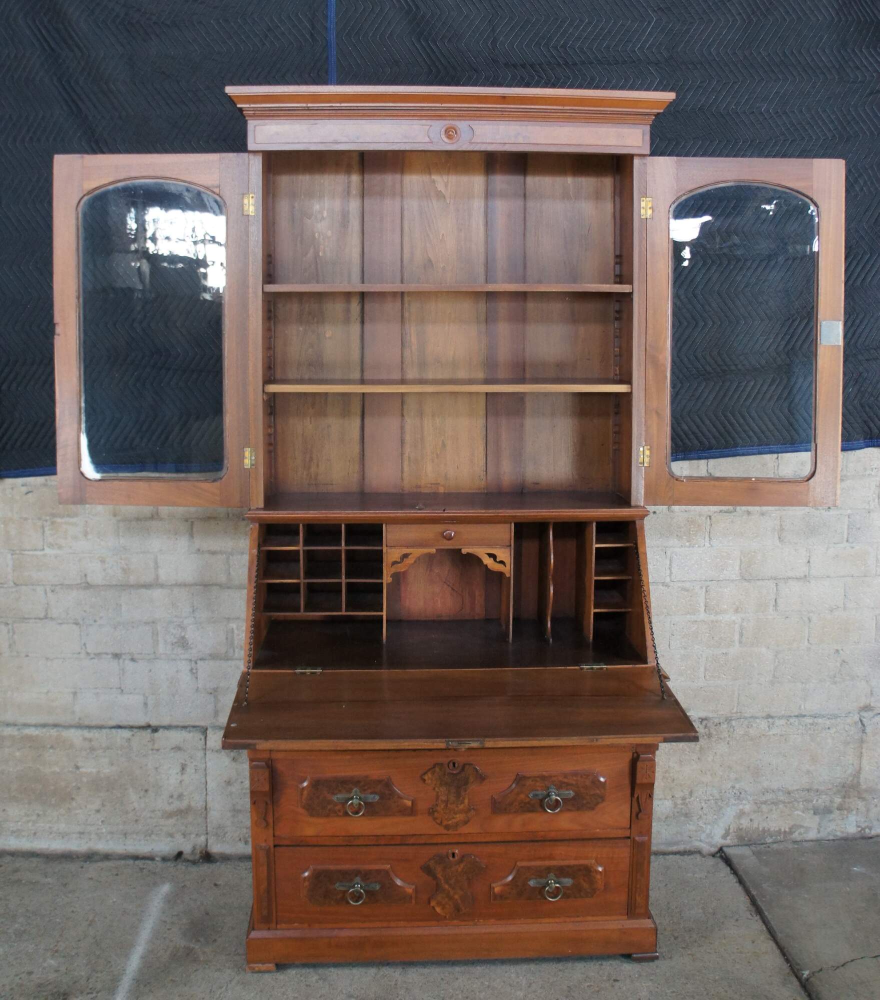 Antique Victorian Eastlake Walnut Secretary Desk Bookcase Hutch Display Cabinet 3992