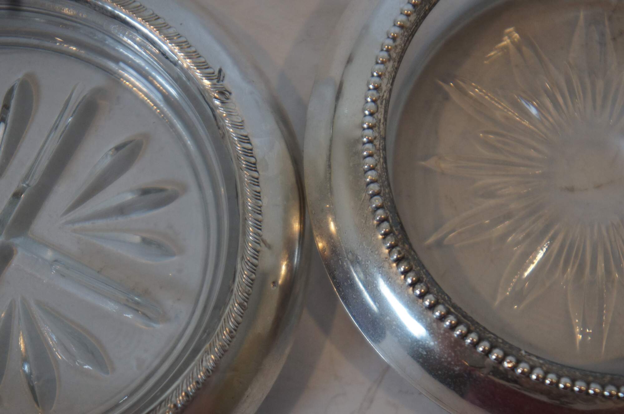 9 Vintage B-I Sterling Silver Rimmed & Sunburst Pressed Glass Coasters ...