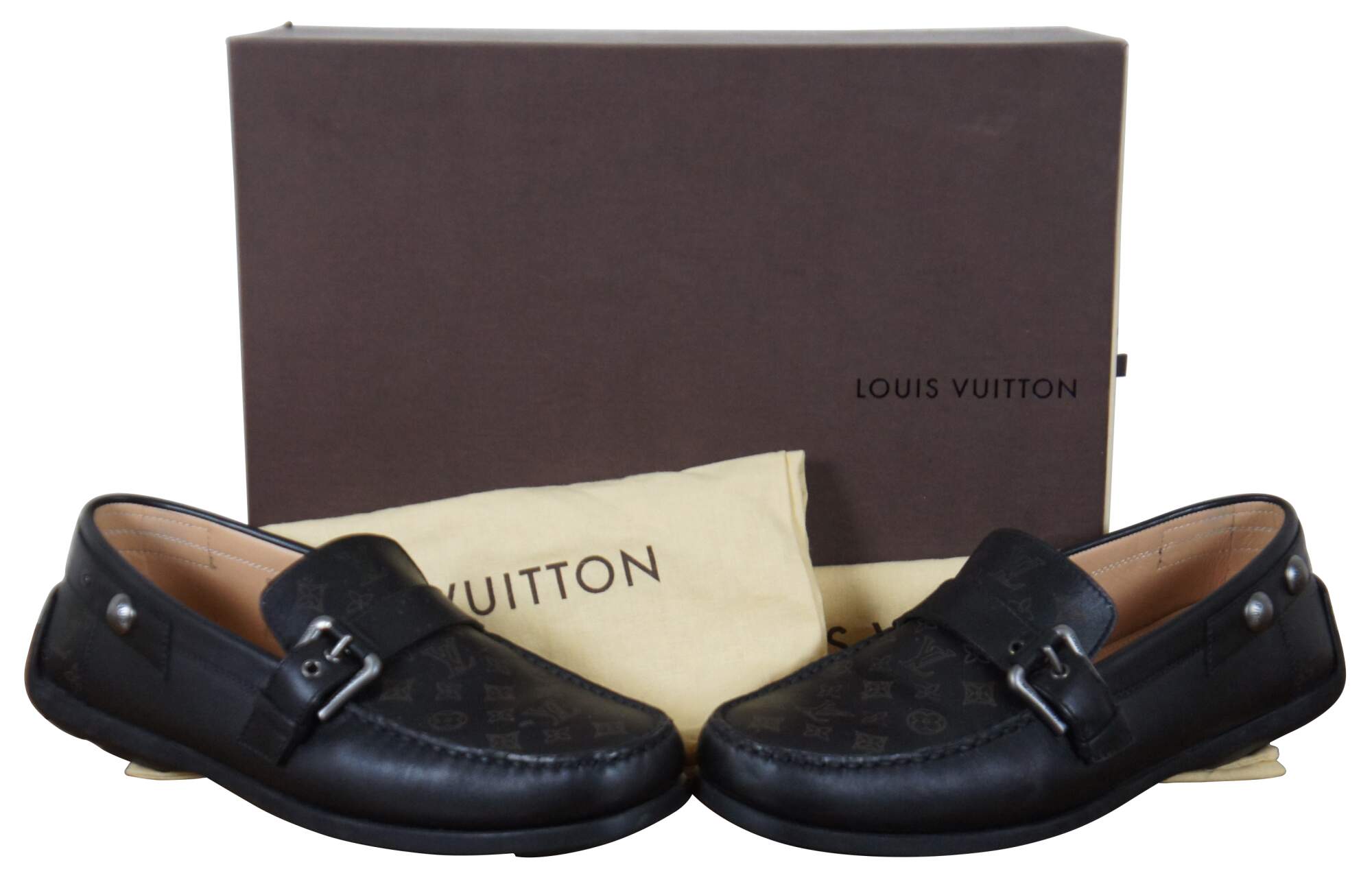 Louis Vuitton Black Leather Monogram Boat Shoes Loafers Buckle