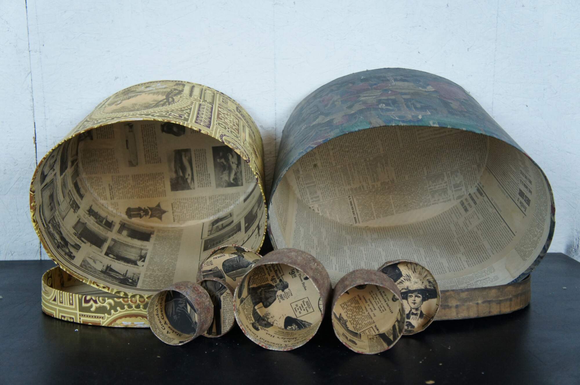 12 Vintage Antique Folk Art Paper Banded Hat Storage Trinket Bride Boxes