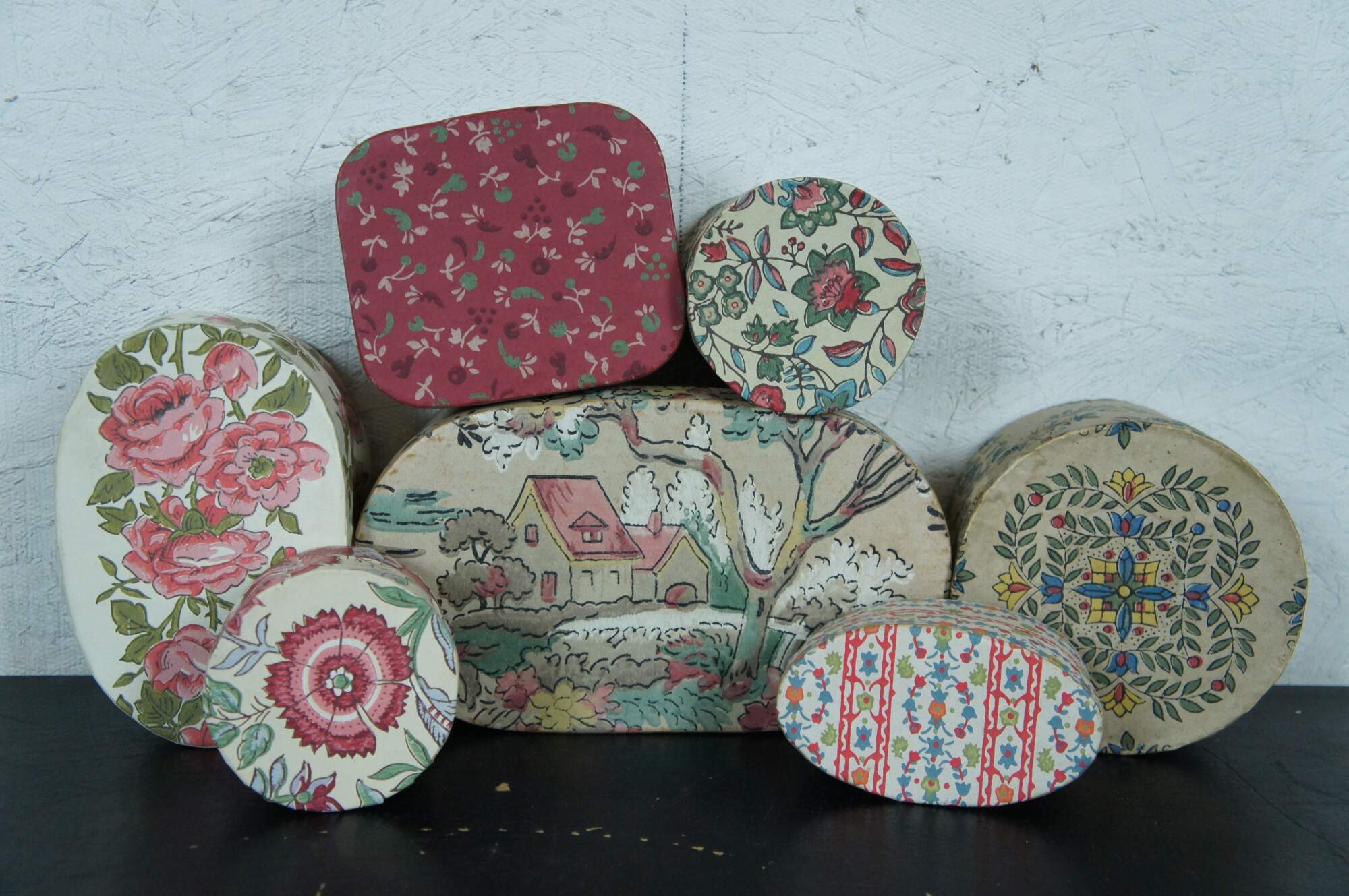 12 Vintage Antique Folk Art Paper Banded Hat Storage Trinket Bride