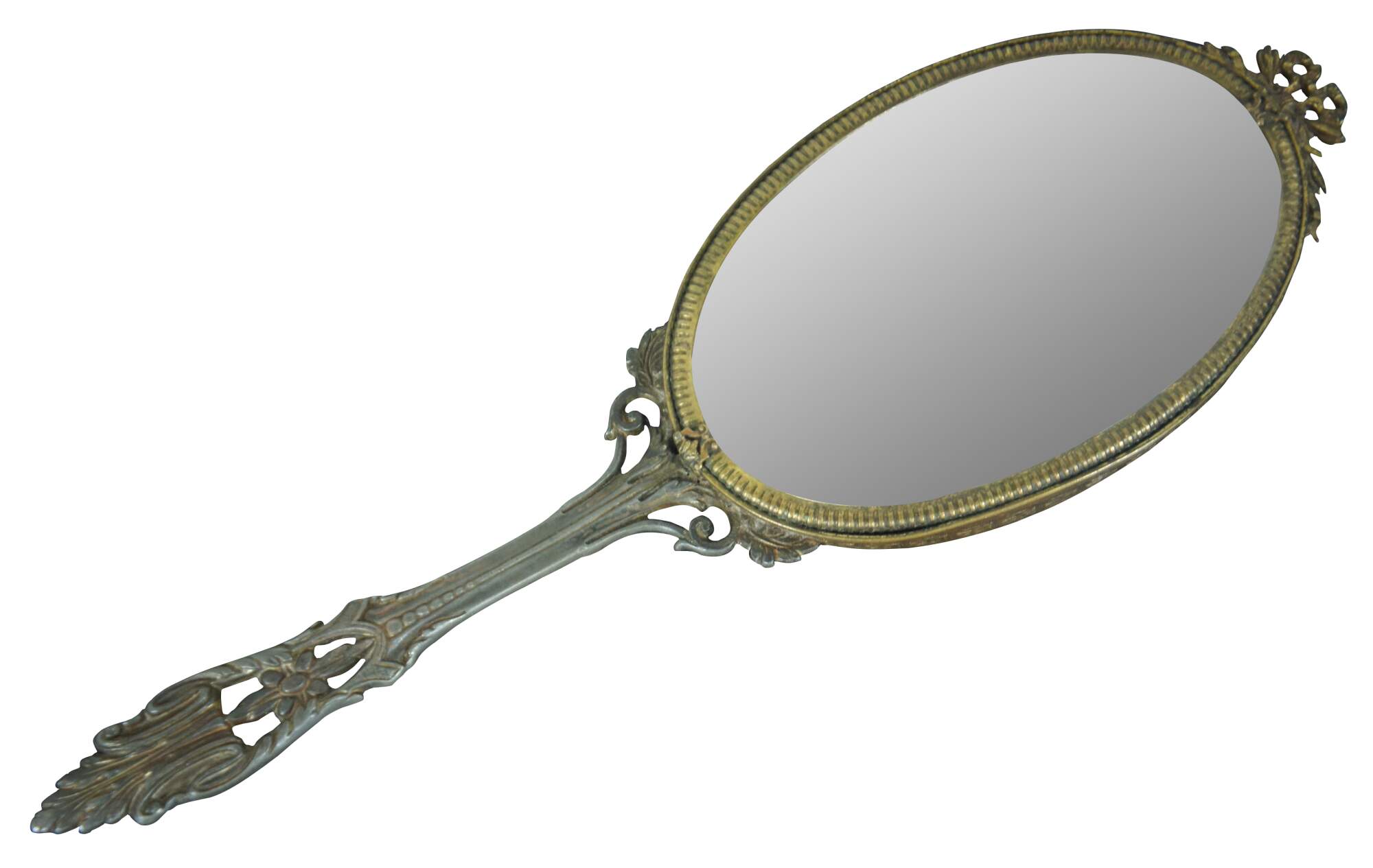 Antique Apollo Silverplate Guilloche Vanity Hand Mirror Roses Black 13"