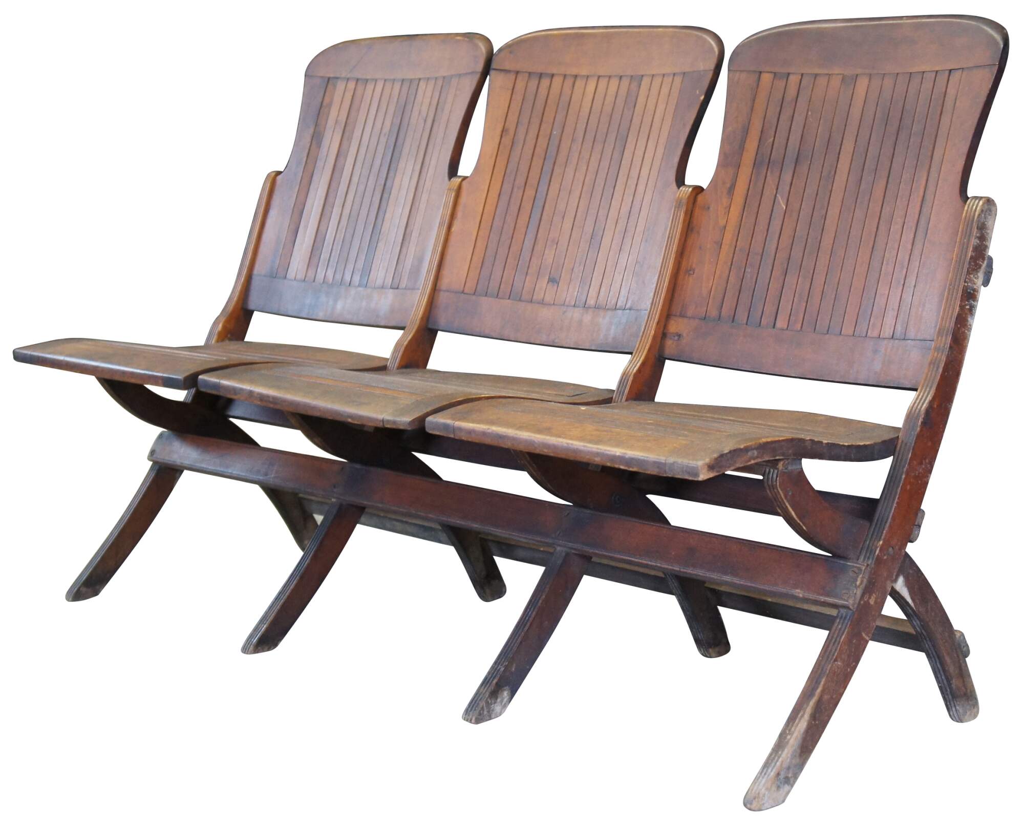Antique Oak Folding Triple Chair Bench Seat Pew Tandem Stadium School  Theater