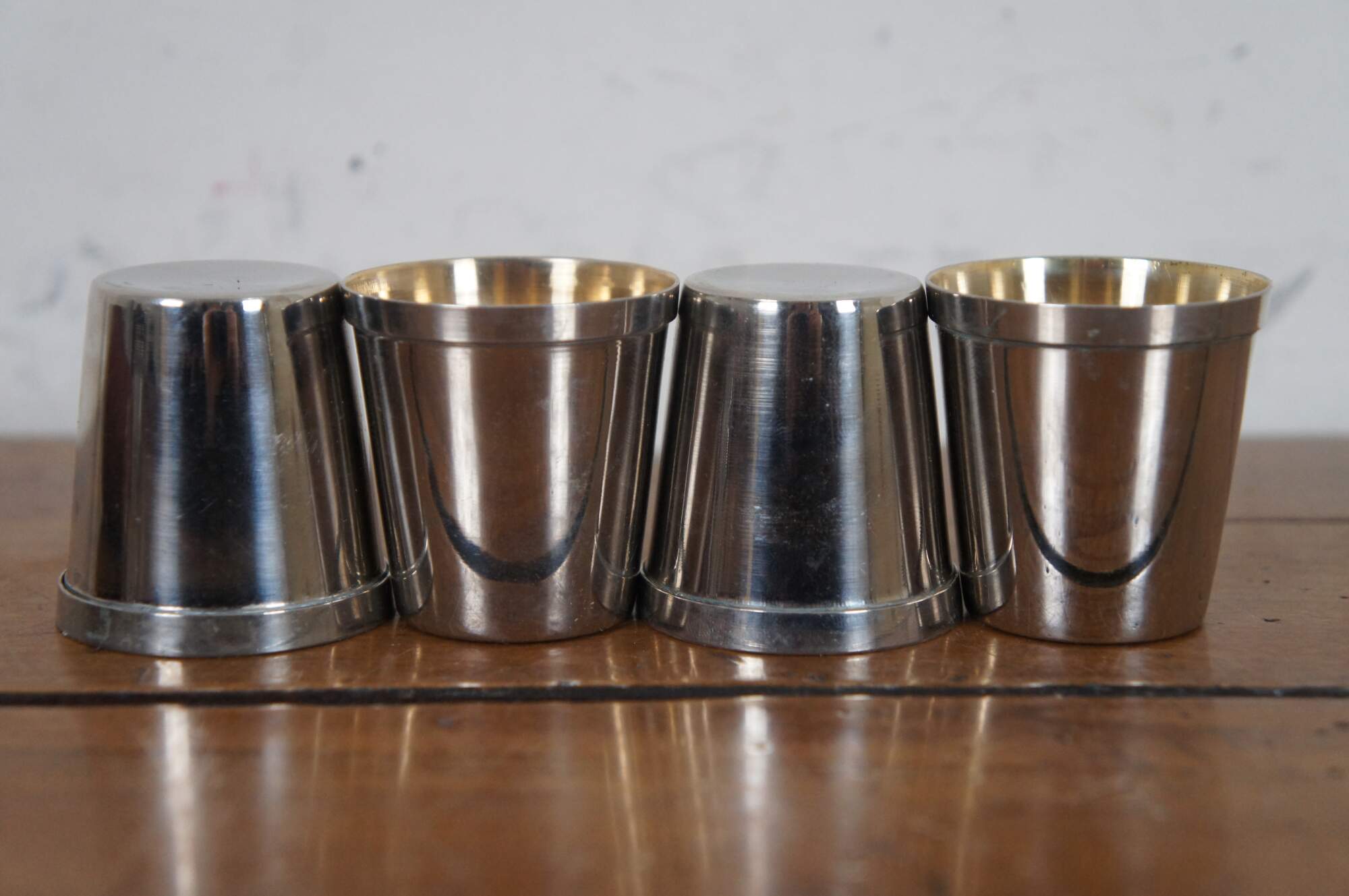 4 Vintage Rumpp German Silver Plate Travel Shot Glasses And Leather Case 7944