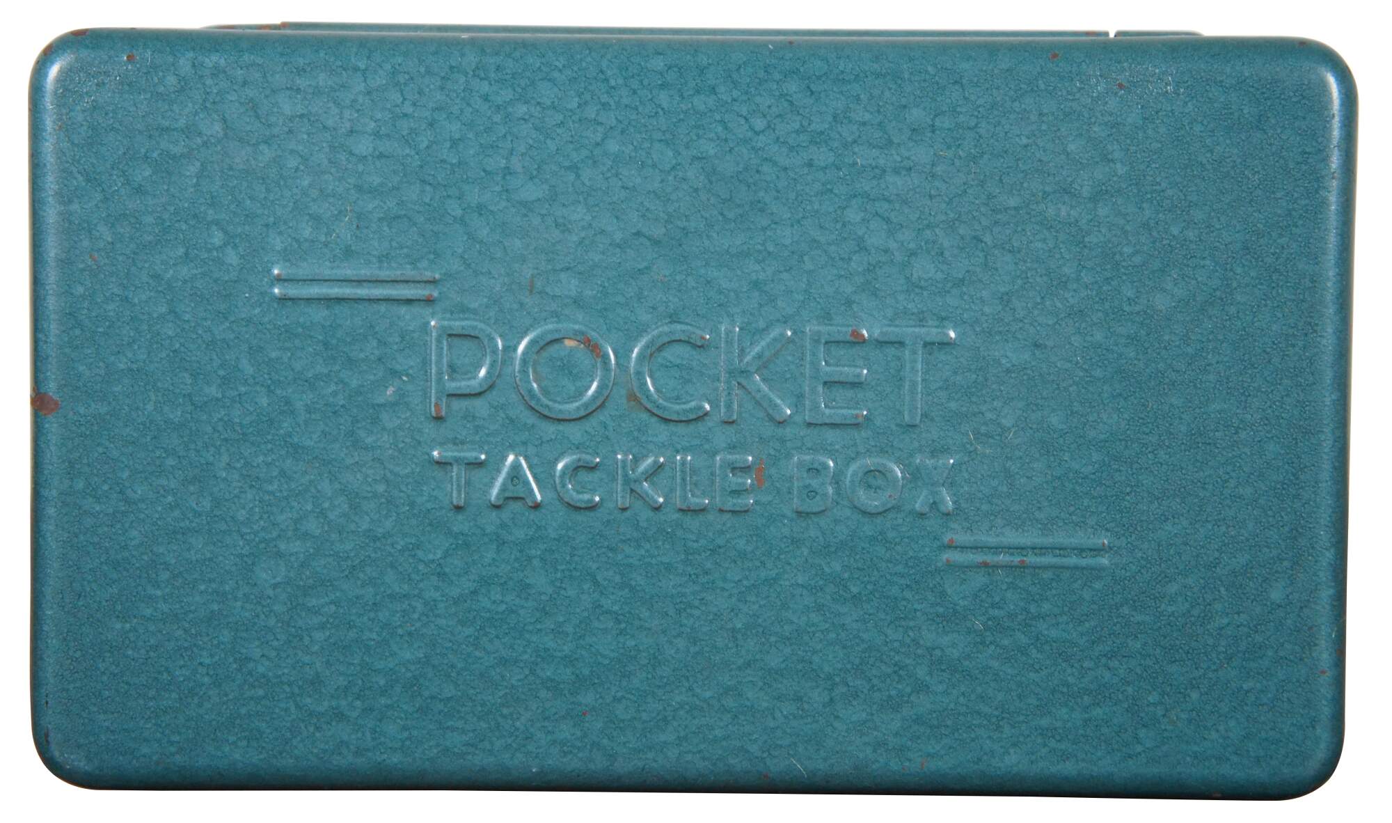 1940s Green Metal Pocket Fishing Tackle Box w Hooks Weights 6.5