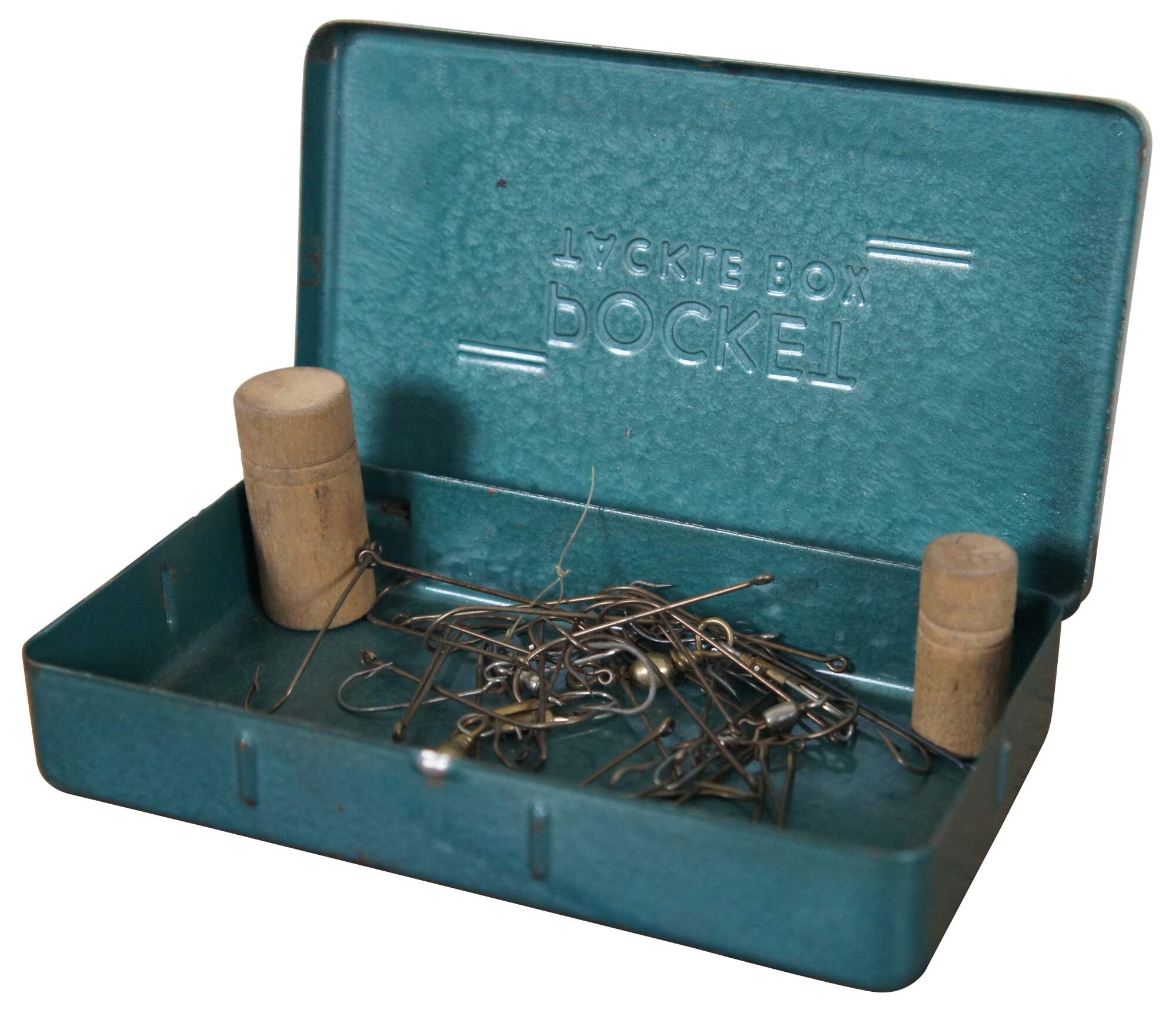 1940s Green Metal Pocket Fishing Tackle Box w Hooks Weights 6.5